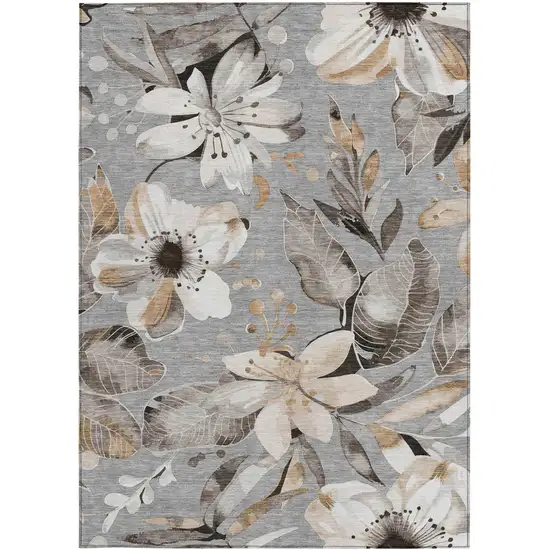 Gray Ivory And Charcoal Floral Washable Indoor Outdoor Area Rug Photo 5