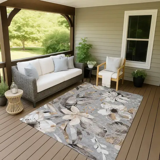 Gray Ivory And Charcoal Floral Washable Indoor Outdoor Area Rug Photo 8
