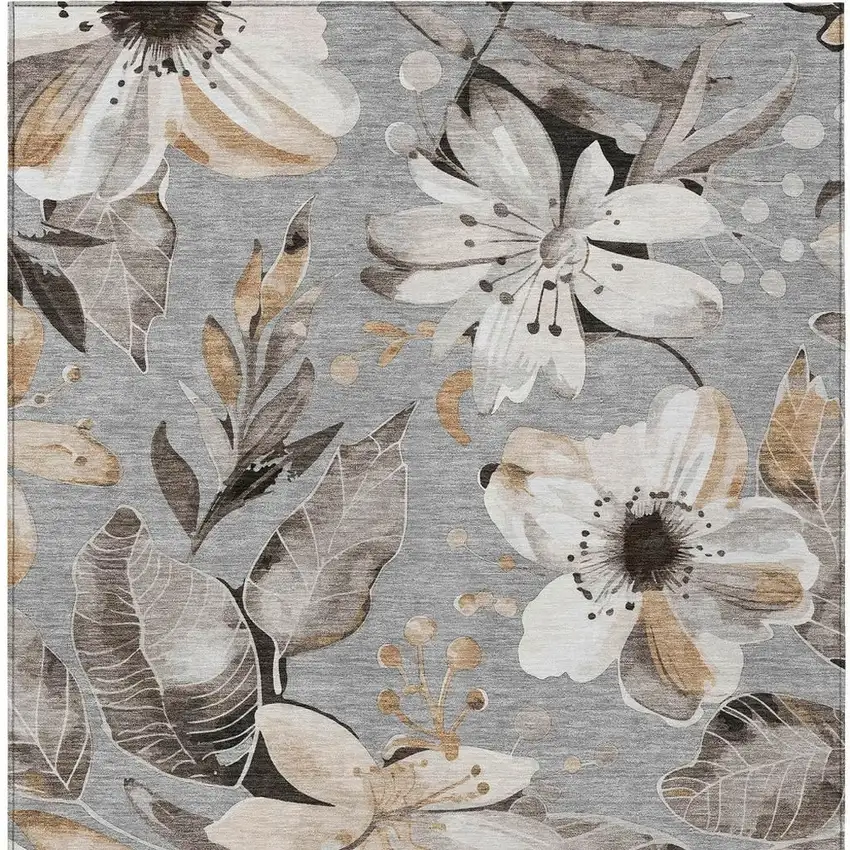 Gray Ivory And Charcoal Floral Washable Indoor Outdoor Area Rug Photo 4