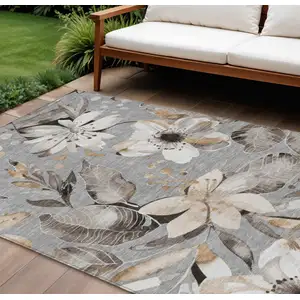 Photo of Gray Ivory And Charcoal Floral Washable Indoor Outdoor Area Rug