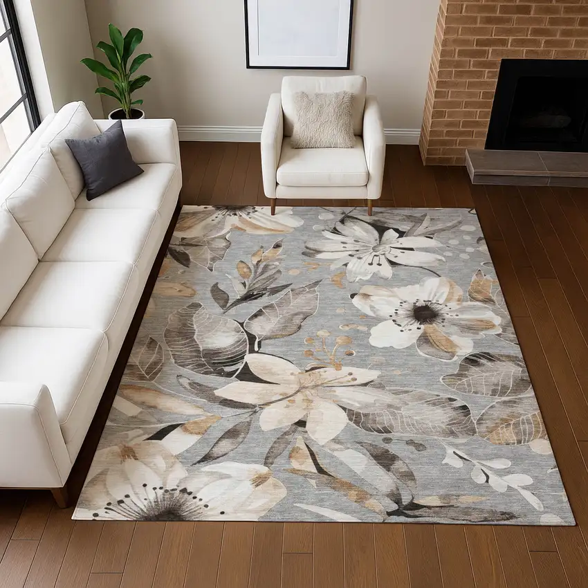 Gray Ivory And Charcoal Floral Washable Indoor Outdoor Area Rug Photo 9