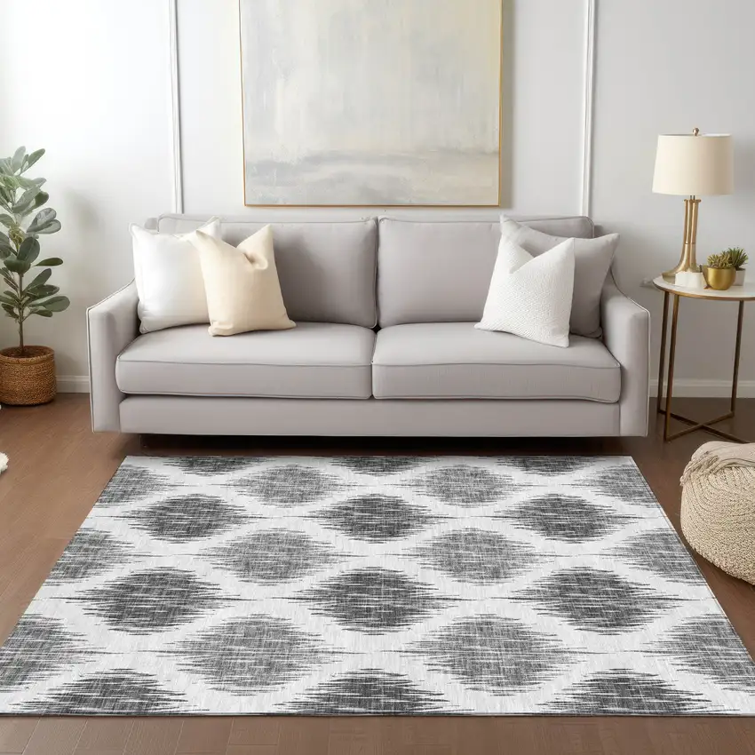 Gray Ivory And Charcoal Ikat Washable Indoor Outdoor Area Rug Photo 9