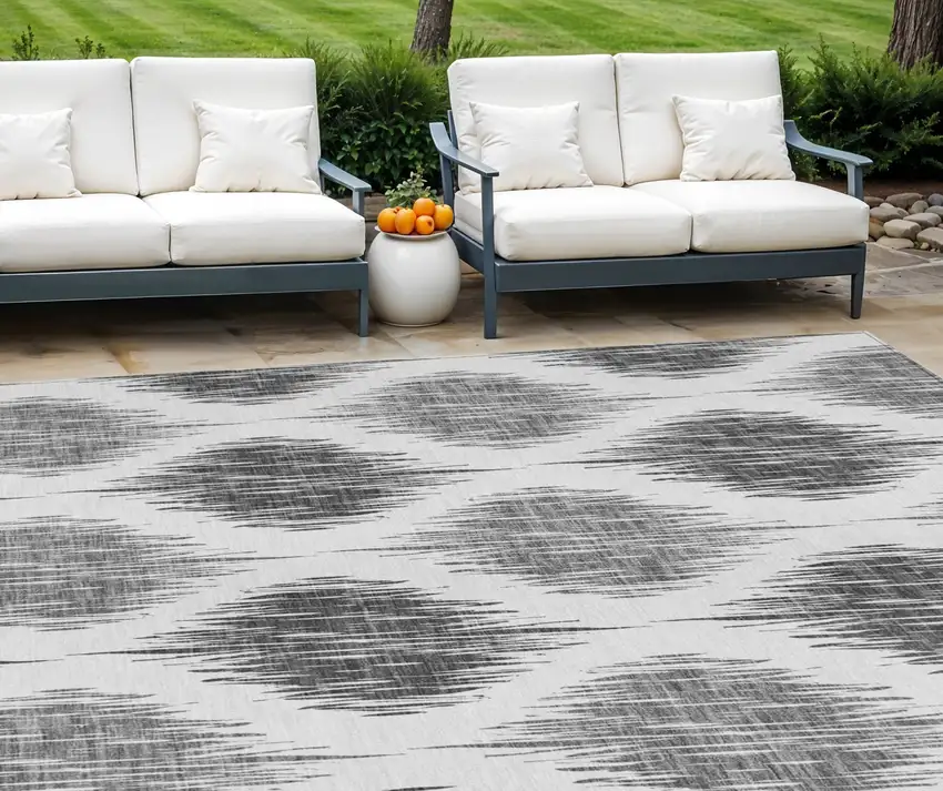 Gray Ivory And Charcoal Ikat Washable Indoor Outdoor Area Rug Photo 1