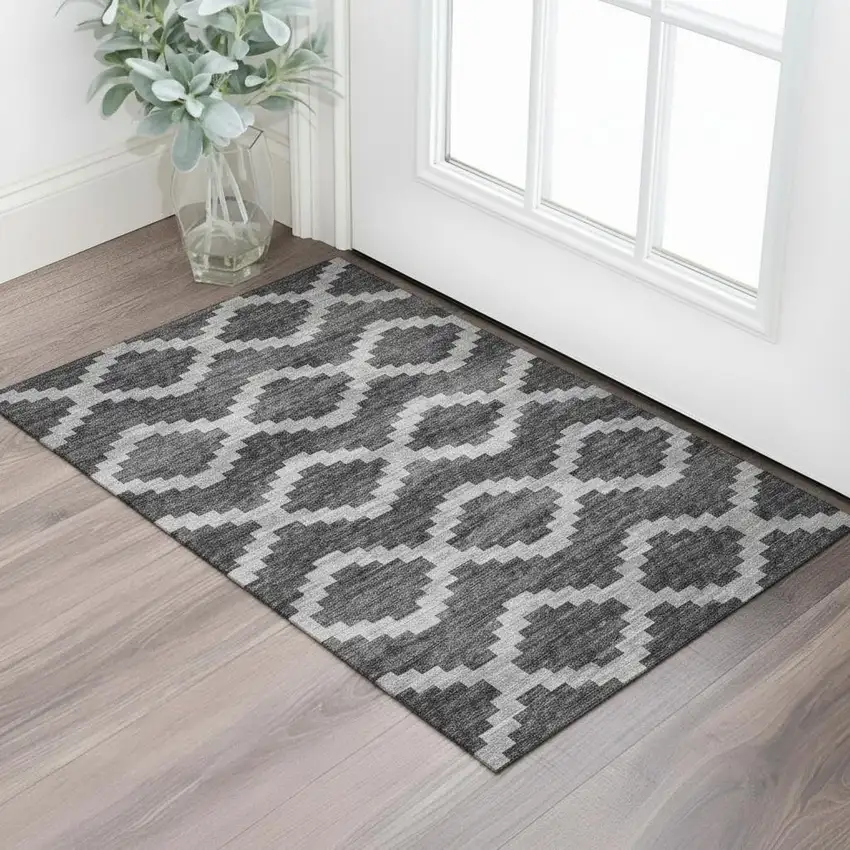 Gray Ivory And Charcoal Tribal Washable Area Rug With UV Protection Photo 1