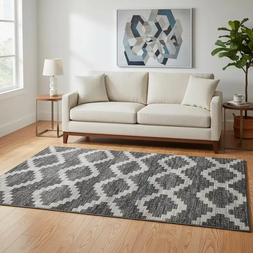 Gray Ivory And Charcoal Tribal Washable Area Rug With UV Protection Photo 1