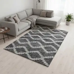 Photo of Gray Ivory And Charcoal Tribal Washable Area Rug With UV Protection