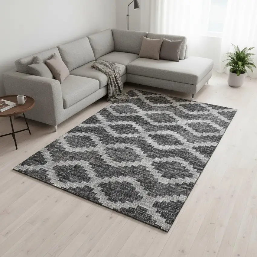 Gray Ivory And Charcoal Tribal Washable Area Rug With UV Protection Photo 1