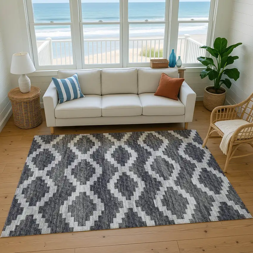Gray Ivory And Charcoal Tribal Washable Area Rug With UV Protection Photo 5