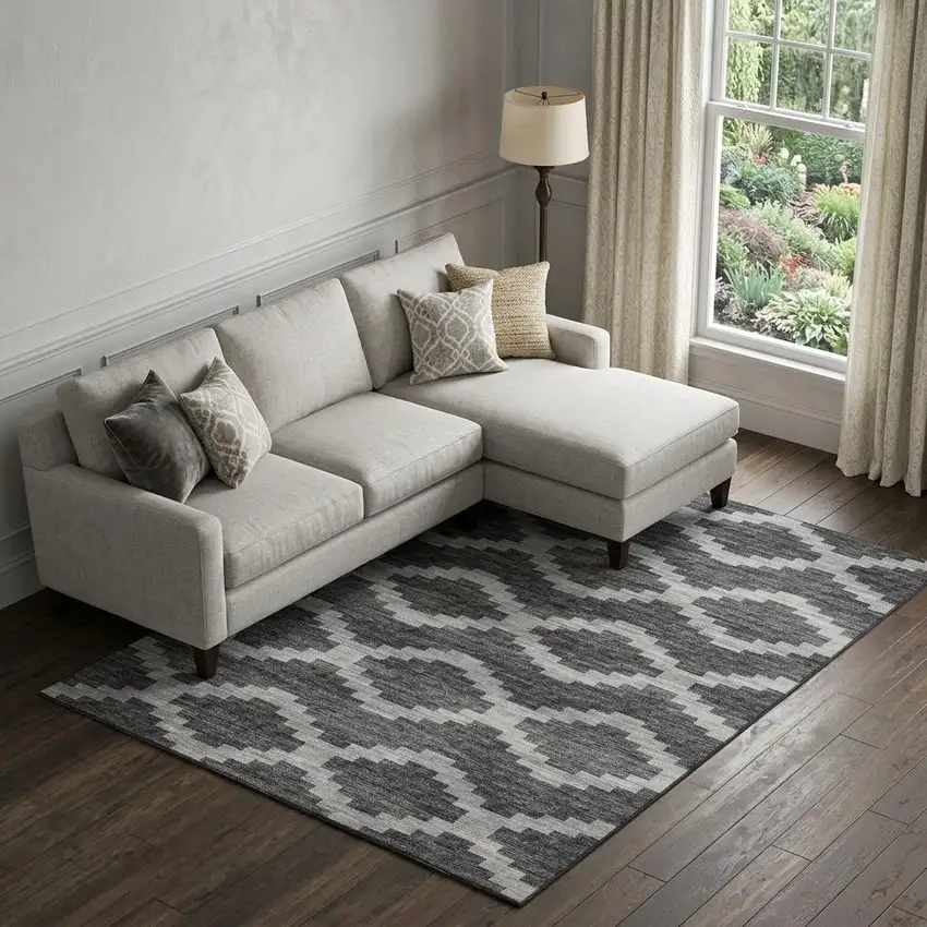 Gray Ivory And Charcoal Tribal Washable Area Rug With UV Protection Photo 1