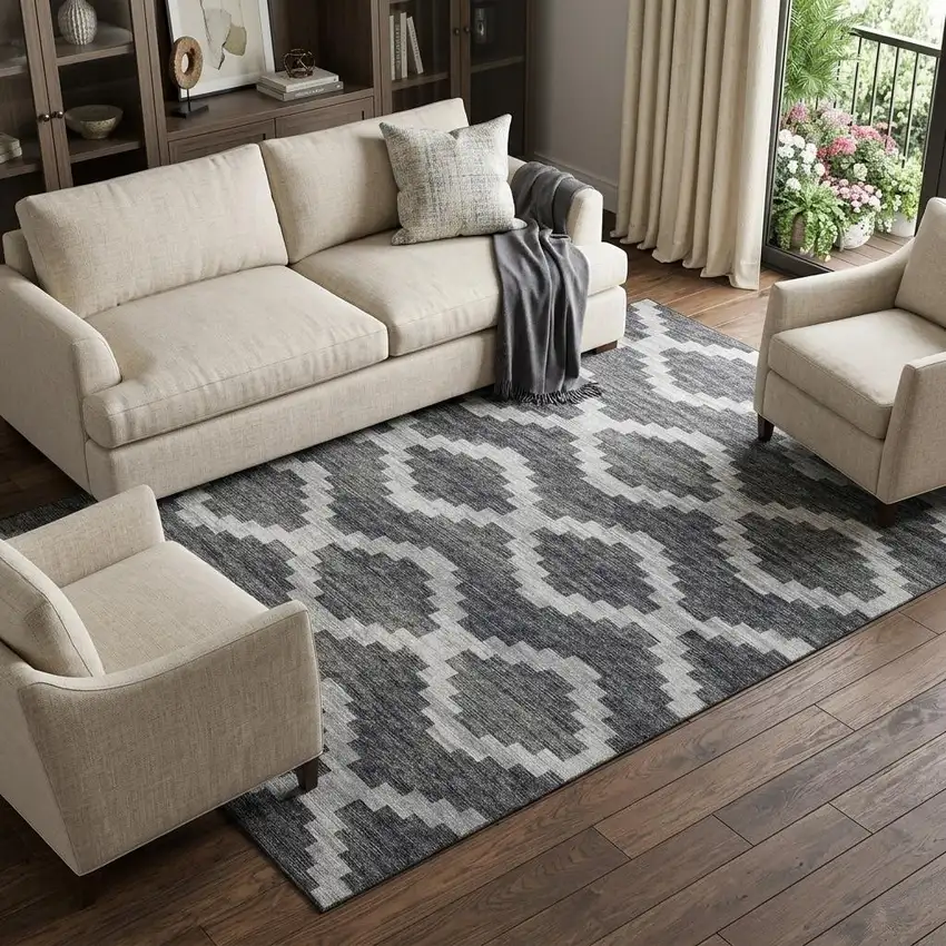 Gray Ivory And Charcoal Tribal Washable Area Rug With UV Protection Photo 1