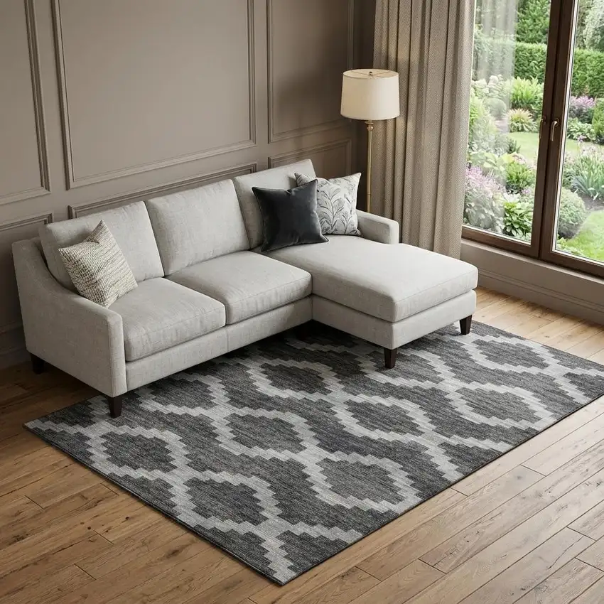 Gray Ivory And Charcoal Tribal Washable Area Rug With UV Protection Photo 1