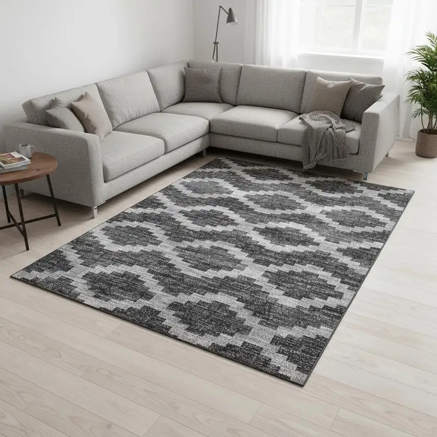 Gray Ivory And Charcoal Tribal Washable Area Rug With UV Protection Photo 1