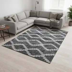 Photo of Gray Ivory And Charcoal Tribal Washable Area Rug With UV Protection