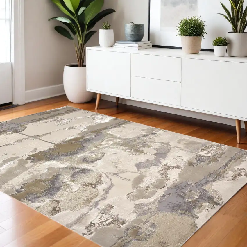 Ivory Brown And Gray Abstract Area Rug Photo 1
