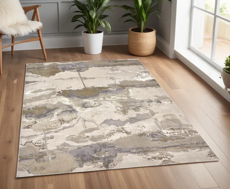 Gray Ivory And Gold Abstract Area Rug Photo 2