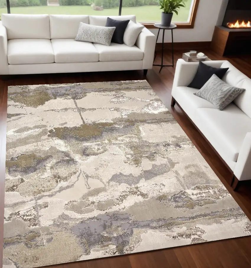 Gray Ivory And Gold Abstract Stain Resistant Area Rug Photo 1