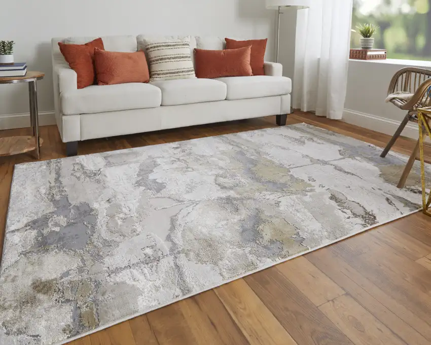 Gray Ivory And Gold Abstract Stain Resistant Area Rug Photo 8