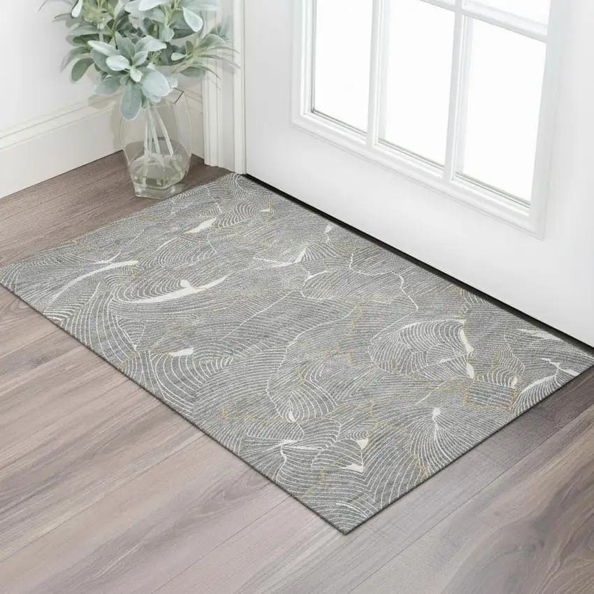 Gray Ivory And Gold Abstract Washable Area Rug With UV Protection Photo 2