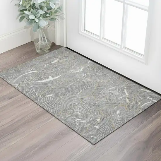 Gray Ivory And Gold Abstract Washable Area Rug With UV Protection Photo 2