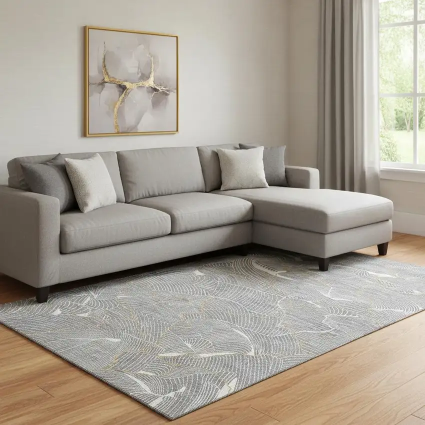 Gray Ivory And Gold Abstract Washable Area Rug With UV Protection Photo 2