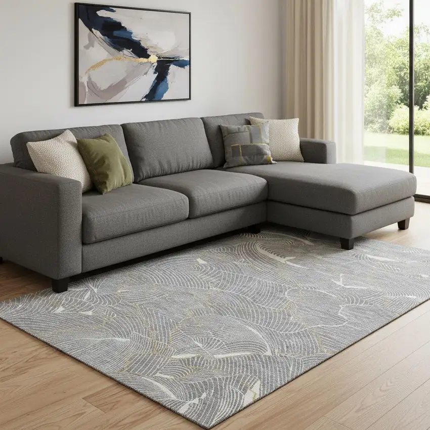 Gray Ivory And Gold Abstract Washable Area Rug With UV Protection Photo 2