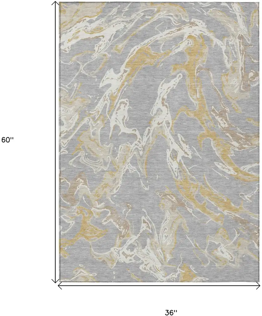 Gray Ivory And Gold Abstract Washable Indoor Outdoor Area Rug Photo 3