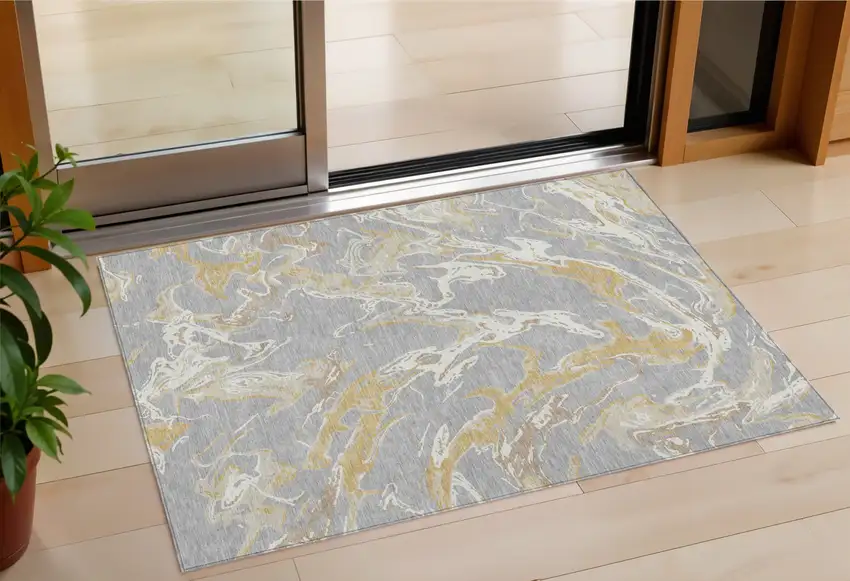 Gray Ivory And Gold Abstract Washable Indoor Outdoor Area Rug Photo 1