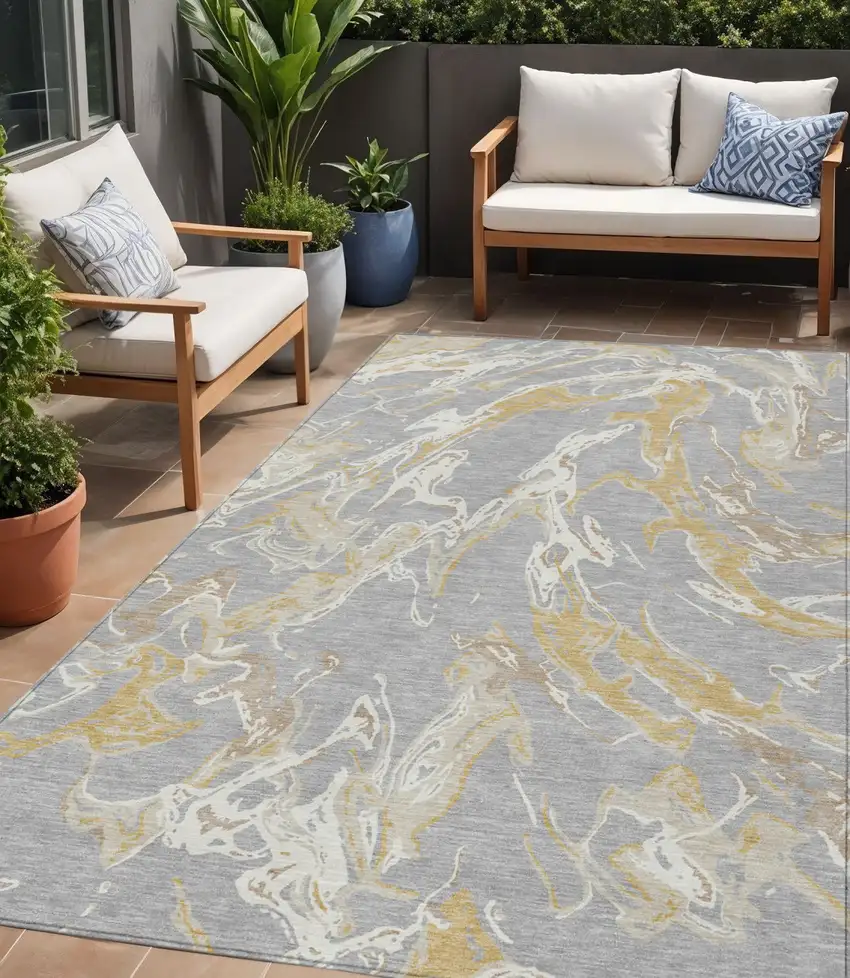 Gray Ivory And Gold Abstract Washable Indoor Outdoor Area Rug Photo 1