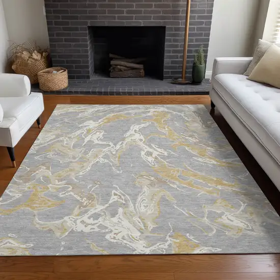 Gray Ivory And Gold Abstract Washable Indoor Outdoor Area Rug Photo 9