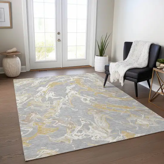 Gray Ivory And Gold Abstract Washable Indoor Outdoor Area Rug Photo 8