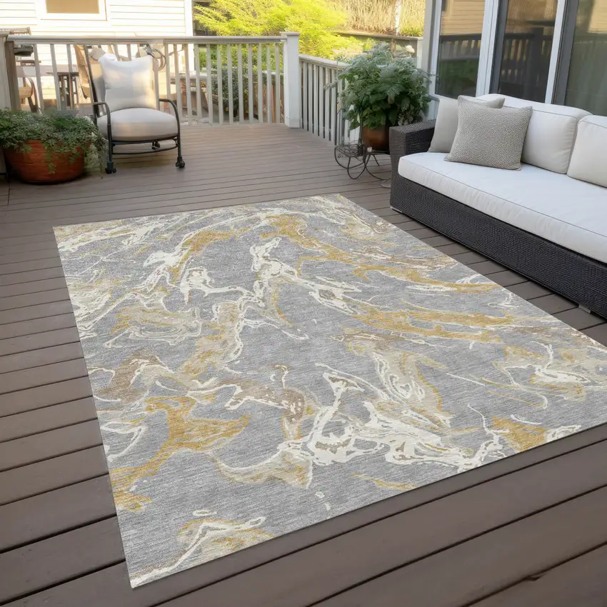 Gray Ivory And Gold Abstract Washable Indoor Outdoor Area Rug Photo 9