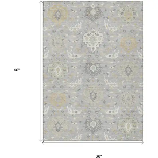 Gray Ivory And Gold Damask Washable Indoor Outdoor Area Rug Photo 3