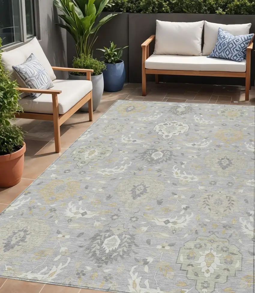 Gray Ivory And Gold Damask Washable Indoor Outdoor Area Rug Photo 1