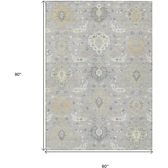 Gray Ivory And Gold Damask Washable Indoor Outdoor Area Rug Photo 3