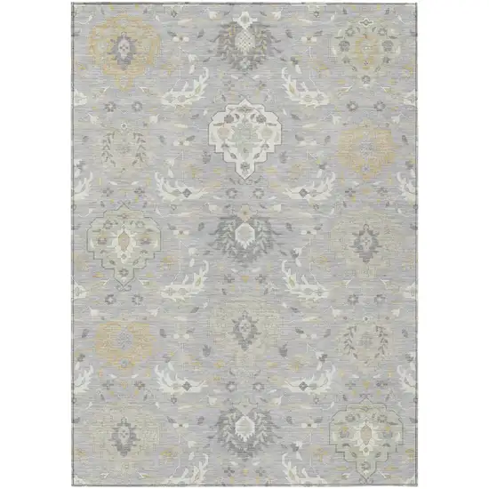 Gray Ivory And Gold Damask Washable Indoor Outdoor Area Rug Photo 2