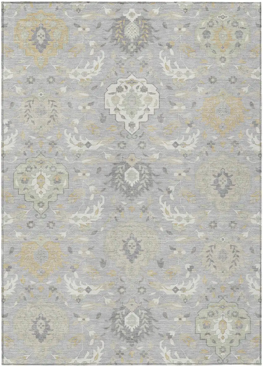Gray Ivory And Gold Damask Washable Indoor Outdoor Area Rug Photo 2