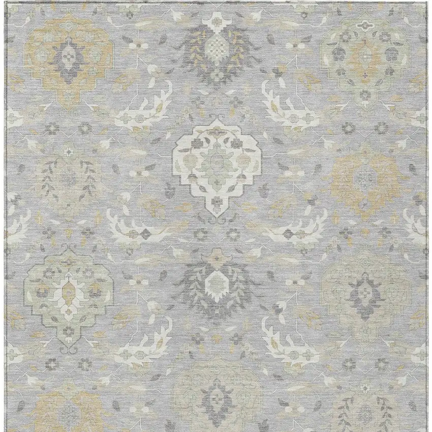 Gray Ivory And Gold Damask Washable Indoor Outdoor Area Rug Photo 8