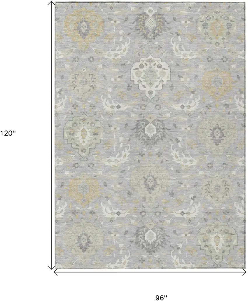 Gray Ivory And Gold Damask Washable Indoor Outdoor Area Rug Photo 3