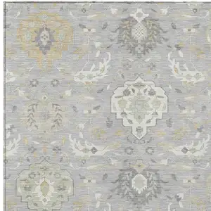 Photo of Gray Ivory And Gold Damask Washable Indoor Outdoor Area Rug