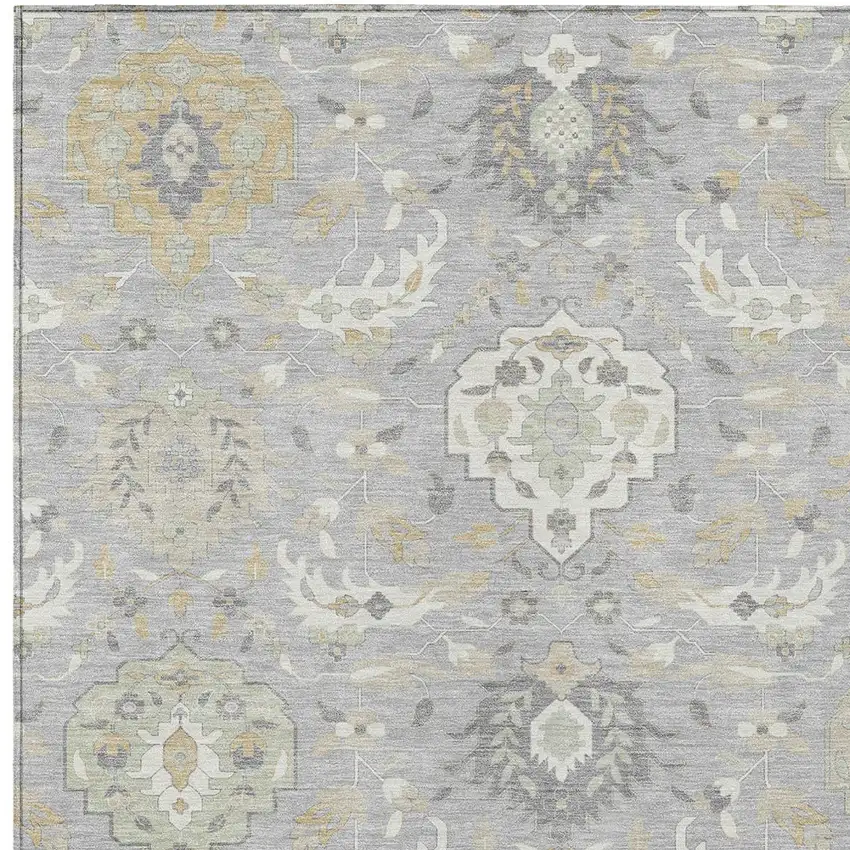 Gray Ivory And Gold Damask Washable Indoor Outdoor Area Rug Photo 7
