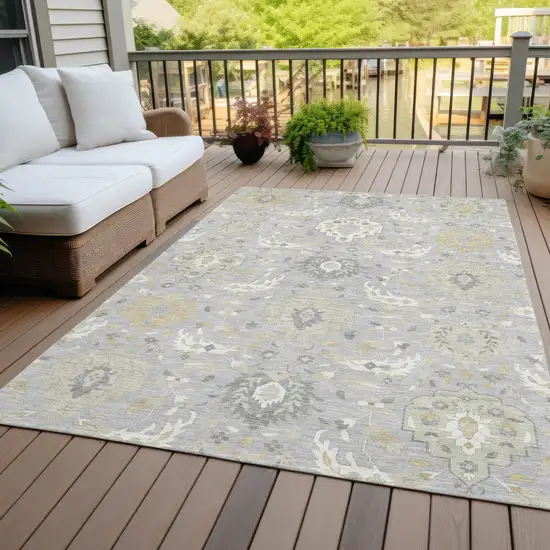Gray Ivory And Gold Damask Washable Indoor Outdoor Area Rug Photo 9