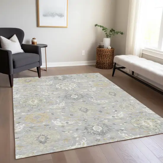 Gray Ivory And Gold Damask Washable Indoor Outdoor Area Rug Photo 9