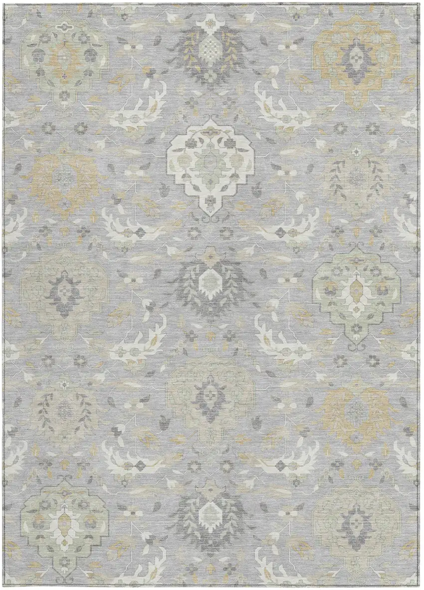 Gray Ivory And Gold Damask Washable Indoor Outdoor Area Rug Photo 7