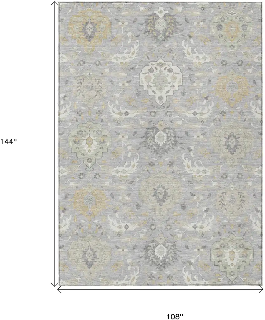 Gray Ivory And Gold Damask Washable Indoor Outdoor Area Rug Photo 3