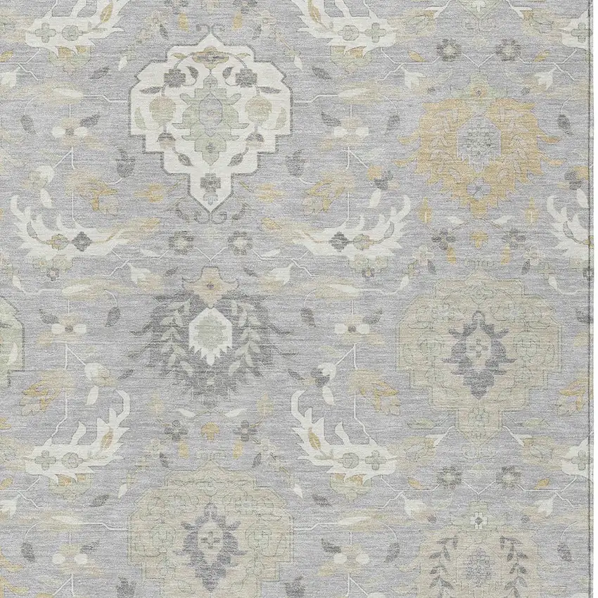 Gray Ivory And Gold Damask Washable Indoor Outdoor Area Rug Photo 7