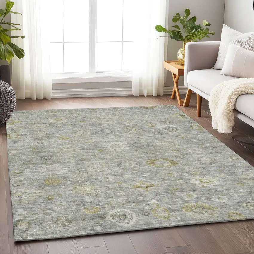 Gray Ivory And Gold Damask Washable Indoor Outdoor Area Rug Photo 5