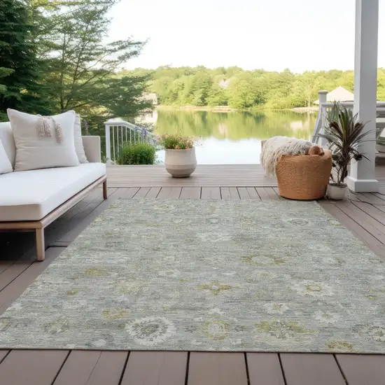 Gray Ivory And Gold Damask Washable Indoor Outdoor Area Rug Photo 5