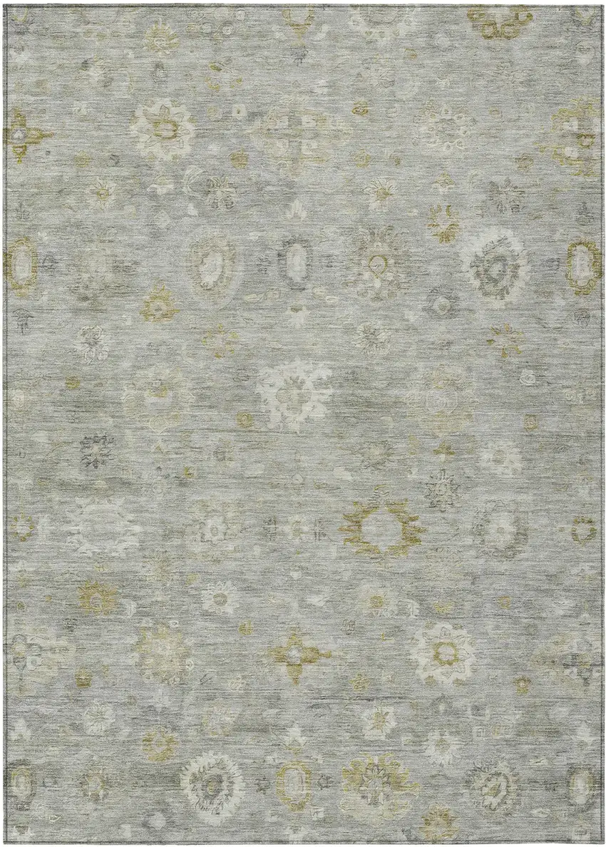 Gray Ivory And Gold Damask Washable Indoor Outdoor Area Rug Photo 1