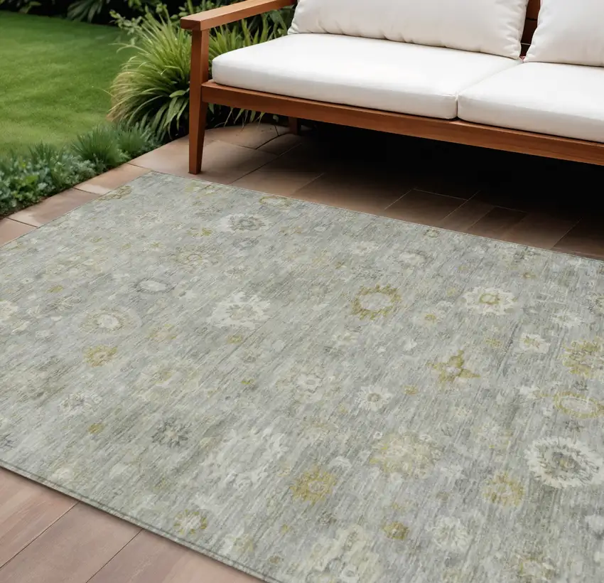 Gray Ivory And Gold Damask Washable Indoor Outdoor Area Rug Photo 2