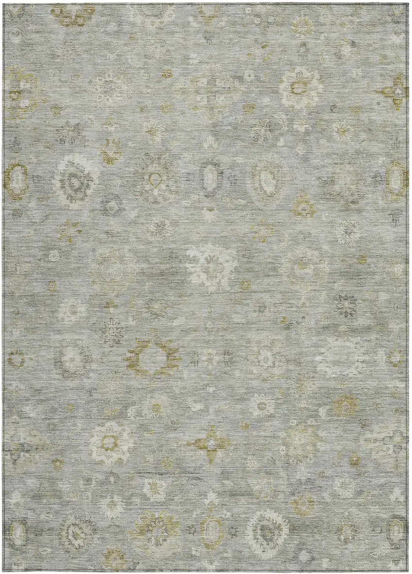 Gray Ivory And Gold Damask Washable Indoor Outdoor Area Rug Photo 4